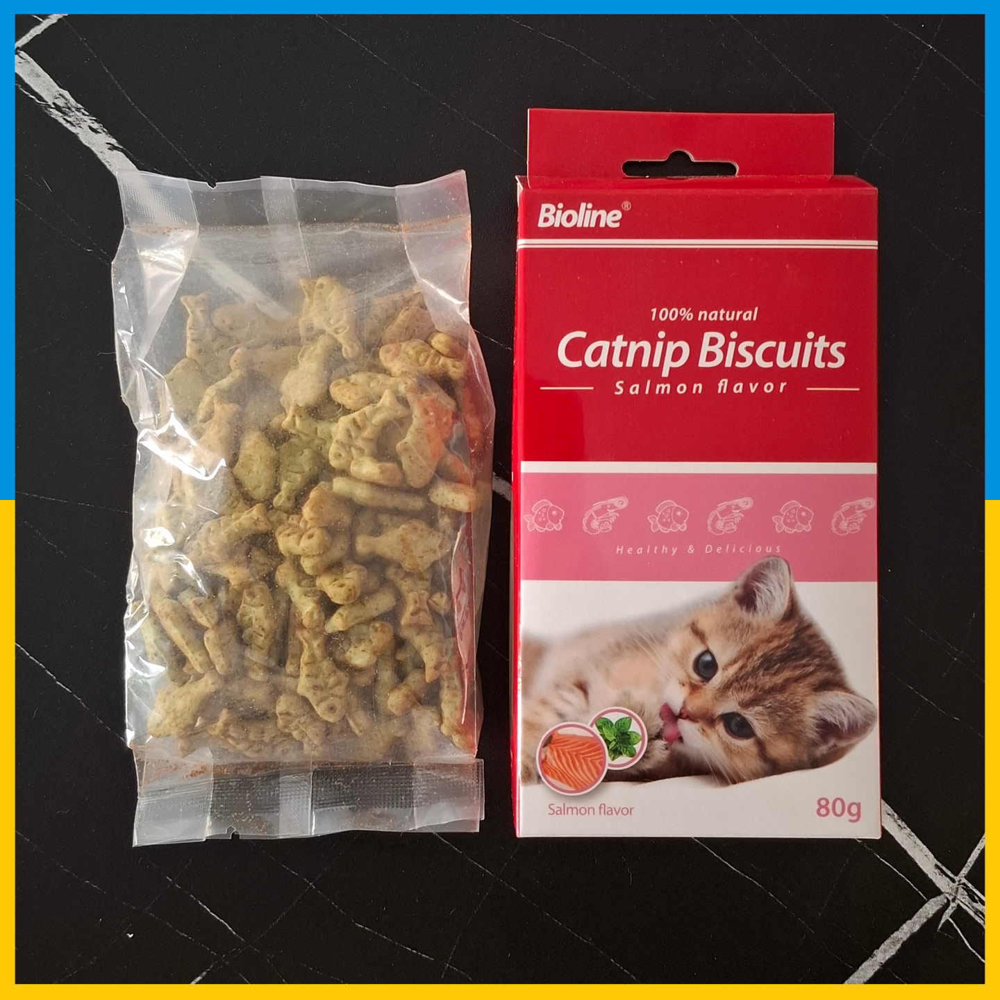 تشویقی بیسکوئیتی گربه با طعم کتنیپ و ماهی سالمون بایولاین