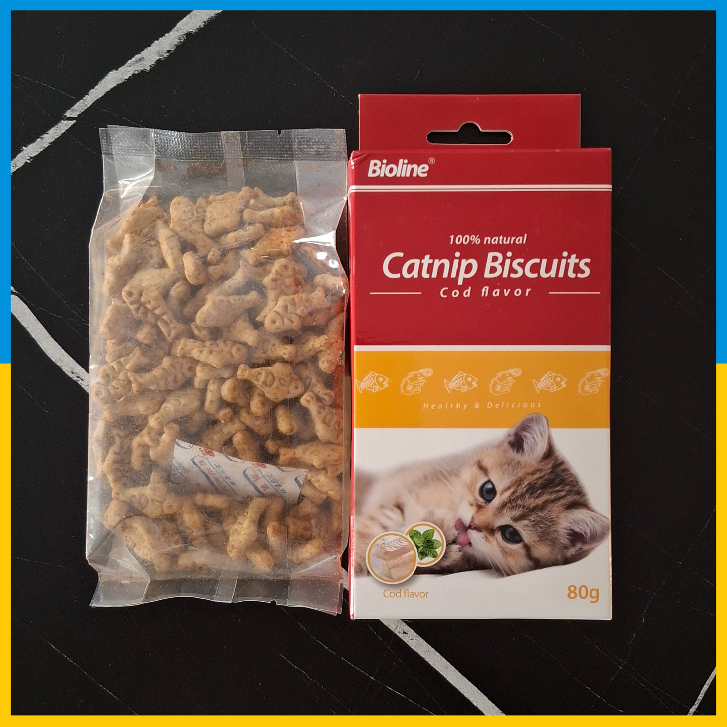 تشویقی بیسکوئیتی گربه با طعم کتنیپ و ماهی کاد بایولاین